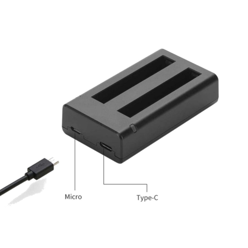 Trade-Shop Ladegerät für 2 Akkus mit LED-Anzeige inkl. Micro-USB Typ-C Ladekabel kompatibel mit Insta360 CINAQBT/A Akku passend für ONE X3 Kamera