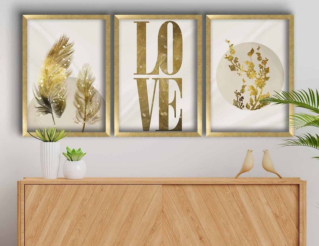 Wallity, 3P3853NISCT-021, Dekorativ gerahmtes MDF-Gemälde (3 Stück), 100 % MDF, Gold, 38 x 53 cm