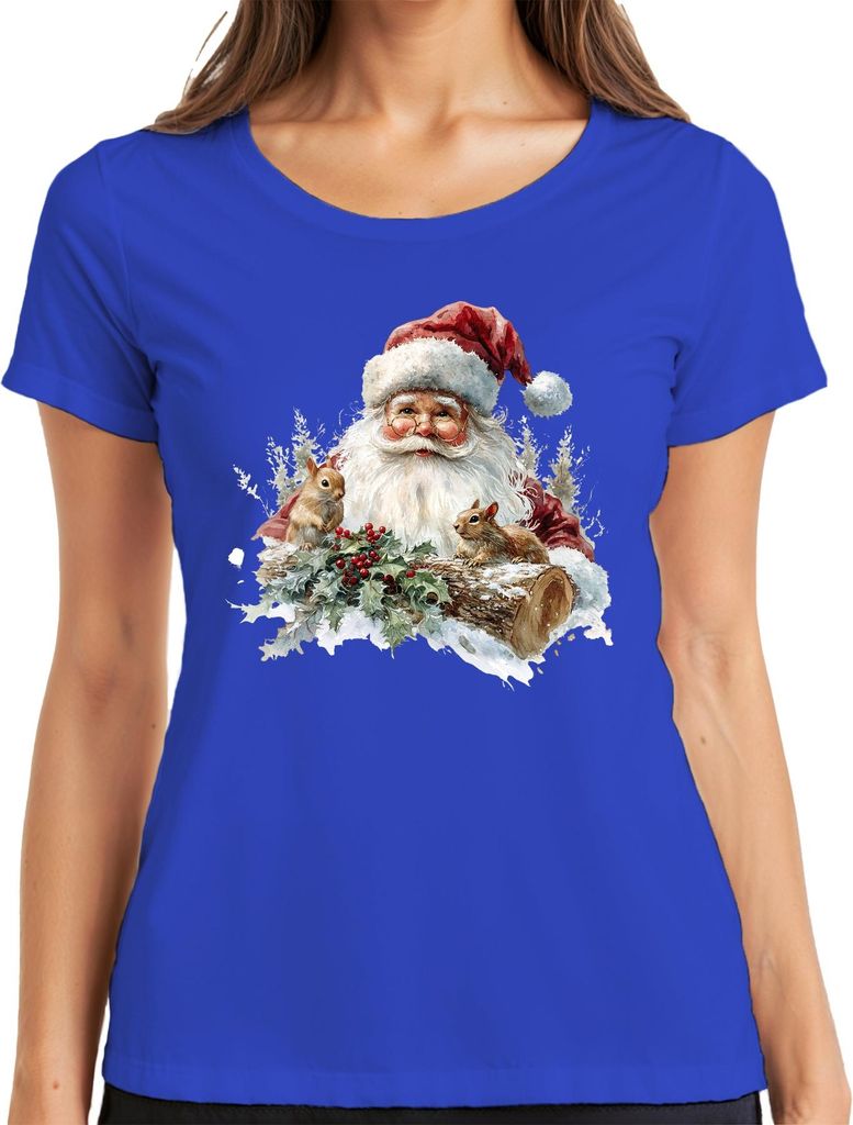 Weihnachtsmann Eichhörnchen Stechpalme Schnee Holzstamm Vintage Damen T-Shirt, Blau, S