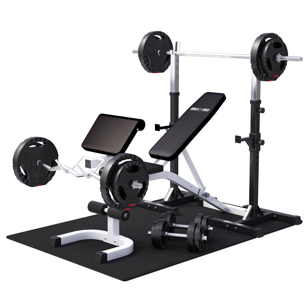 GORILLA SPORTS Hantelbank - mit 75 kg Hantelset, Hantelablage, Verstellbar, Multifunktion, 8 Sternverschlüsse, Weiß - Kraftstation, Schrägbank