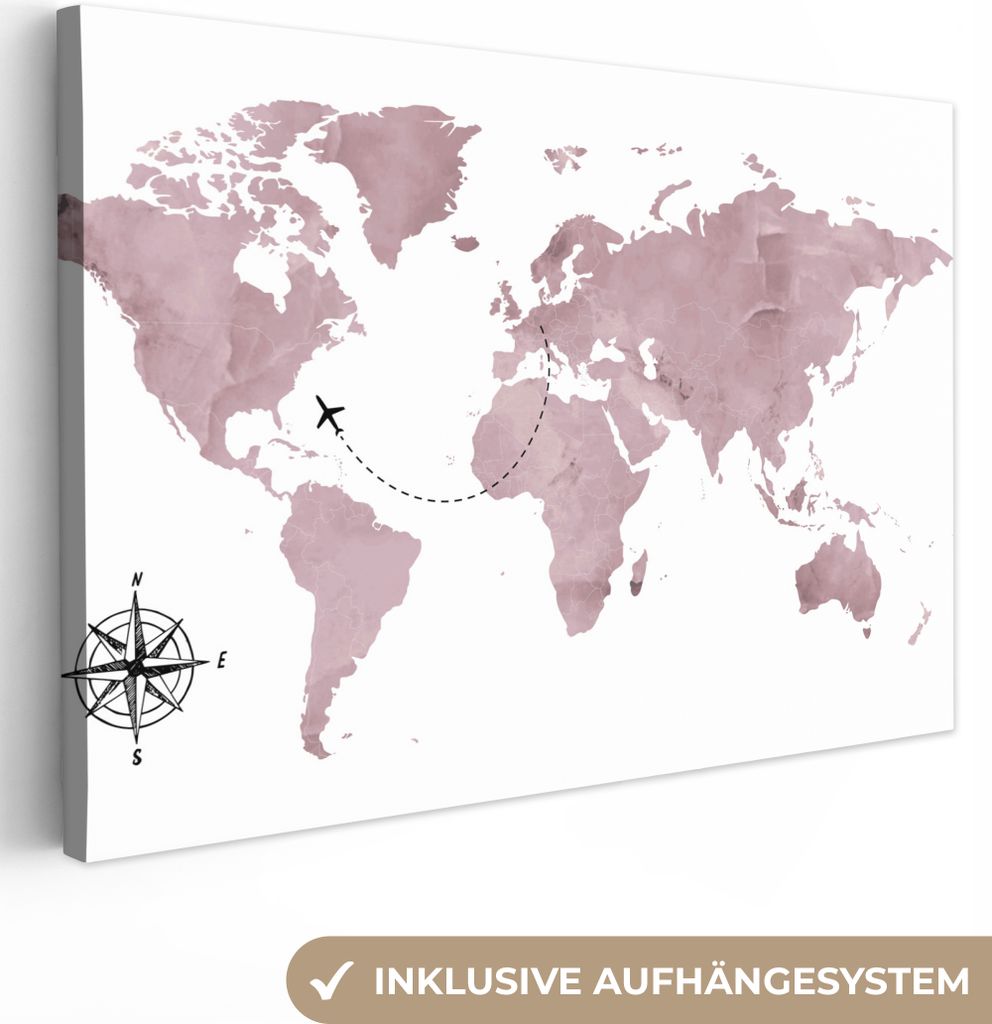 OneMillionCanvasses - Leinwandbilder - 150x100 cm, Weltkarte - Rosa - Windrose, Wandbilder Kunstdruck Wanddekoration