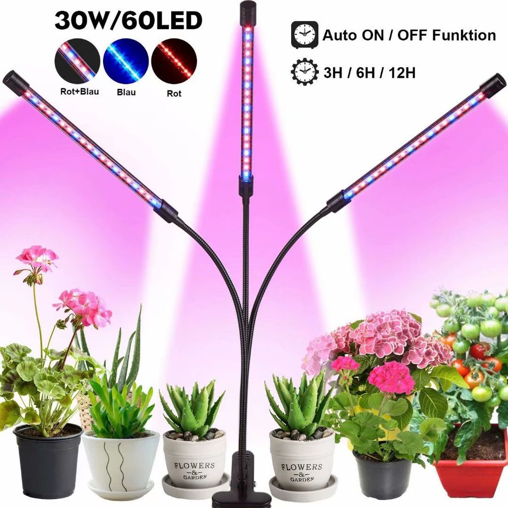 3 Kopf LED Pflanzenlampe Wachstumslampe Dimmbar Vollspektrum Pflanzenleuchte 30W 