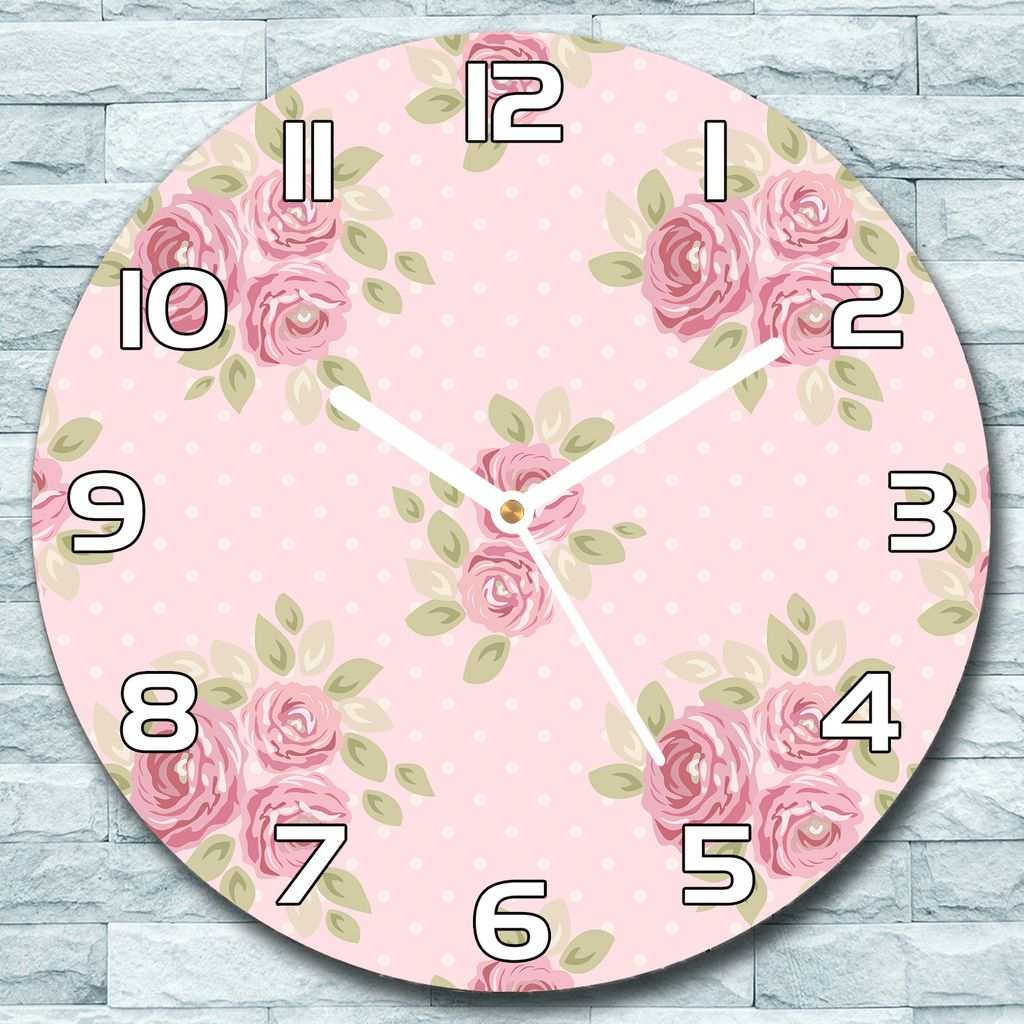 Wanduhr aus Glas Rund fi 30 Rosa Rosen grün Quarz Deko Schlafzimmer Büro