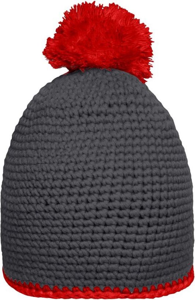 Häkelmütze mit Kontrastrand und Pompon carbon/red, Gr. one size