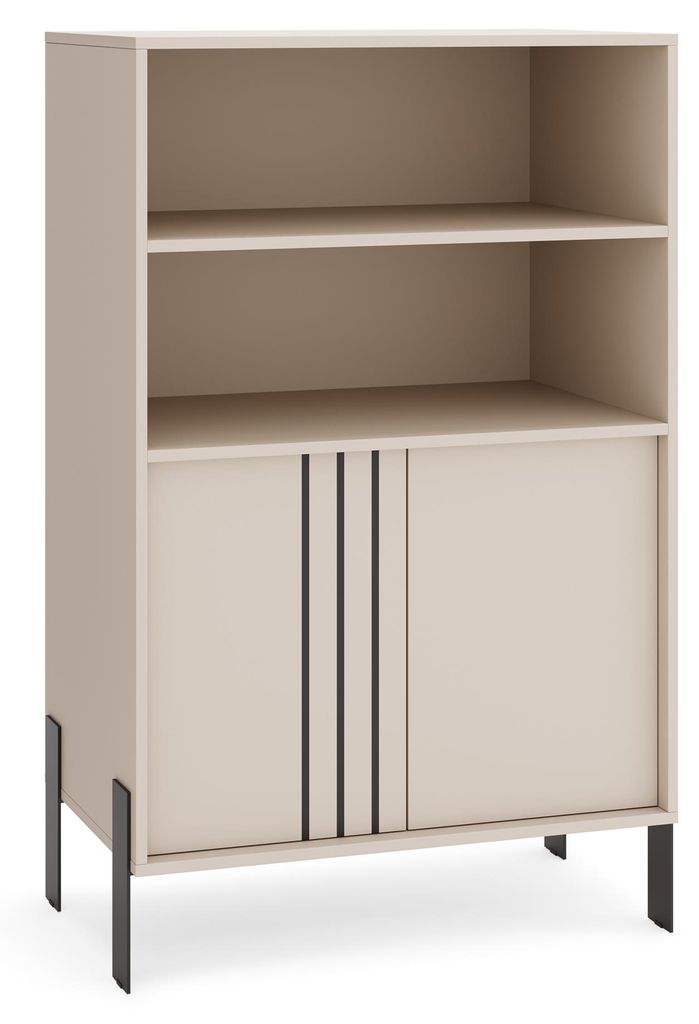 MargaretHadas24 Vitrine Natan mit Metallfüßen 80/127/40 cm, Vitrinenschrank mit 2 Türen Stauraum, Holzoptik, Bücherschrank, Standvitrine, kaschmir