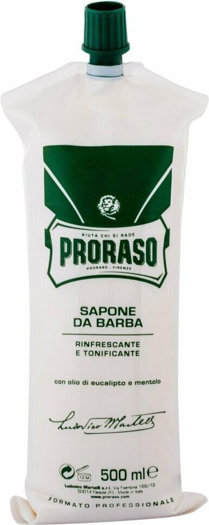 A white pouch of Proraso shaving cream with green branding.