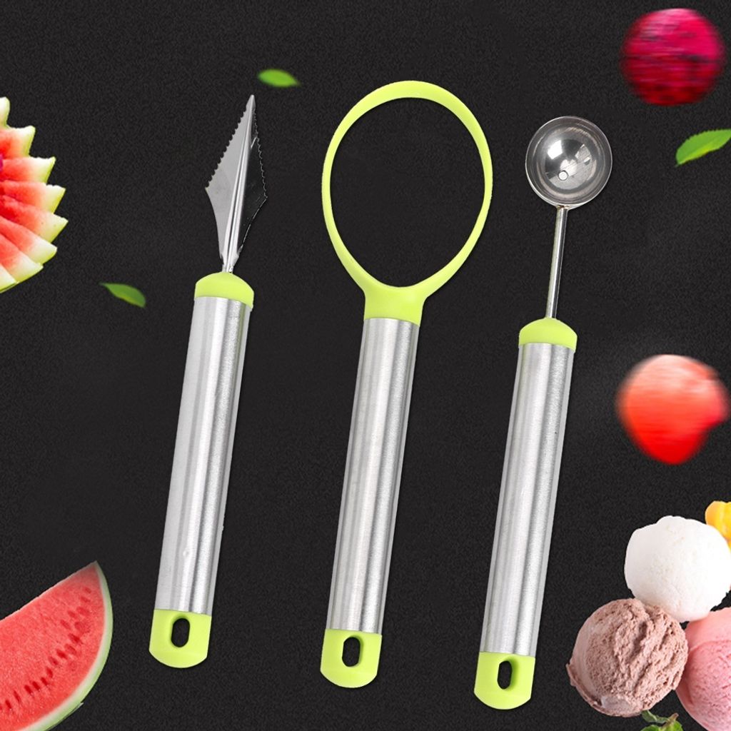 3pcs Multi Funktion Obst Carving Gerät Wassermelone Schaufel Melone Digger Fruchtfleisch Kern Entfernung Tool(3pcs Set GrünSilber)
