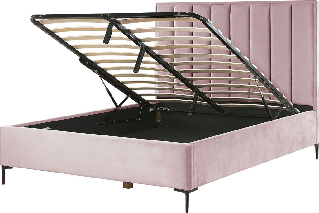 BELIANI Polsterbett Rosa Samtstoff Gesteppt mit Hohem Kopfteil Bettkasten Lattenrost 160x200 cm Hochklappbar für Schlafzimmer Doppelbett Ehebett