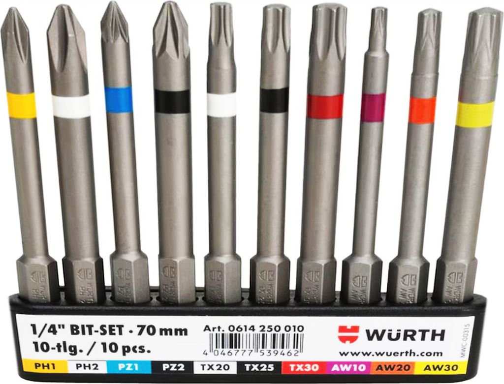 Würth Bit-set 70 mm, 1/4 inch, met riemclip, 10-delig, Productafbeelding 