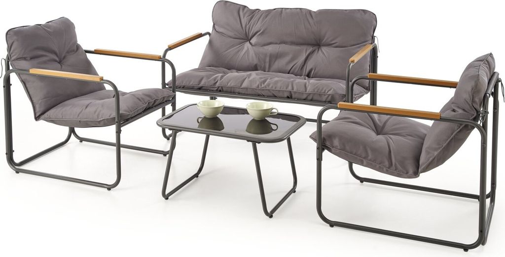 Design HGA-222 Gartenmöbel Set Grau / Braun 4-teilig mit Sofa, 2 Stühlen und Couchtisch Gartengarnitur Outdoor Terrasse