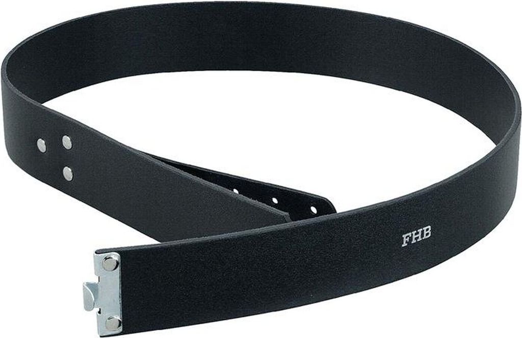 A black leather belt with a metal buckle and the FHB logo on it.