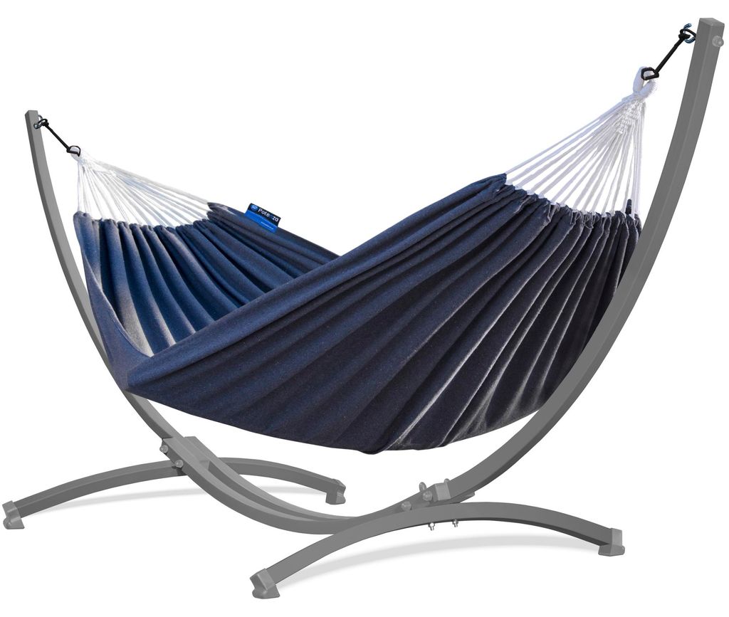 Potenza Outdoor Hängematte mit Gestell für 2 Personen I Baumwolle Doppelhängematte XXL 220x160, 200kg I Grau Hängemattengestell 220kg, wetterfest