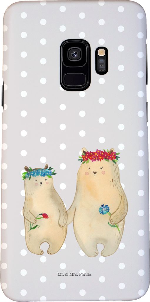 Mr. & Mrs. Panda Samsung Galaxy S9 Handyhülle Bären mit Blumenkranz - Grau Pastell - Geschenk, Cover, Töchter, Mami, Hülle, Muttertag, Mama, Sm...