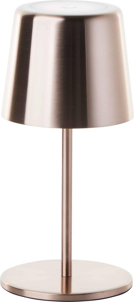 A copper-colored LED table lamp with a conical shade and a circular base, shown against a white background.