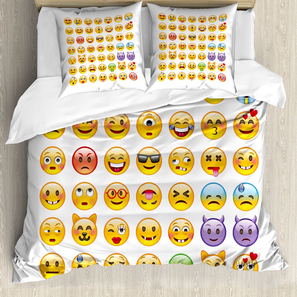 ABAKUHAUS Emoticon Bettbezug, Viele Emoticons Aliens, Milbensicher Allergiker geeignet mit Kissenbezügen, 155 cm x 220 cm - 80 x 80 cm, Mehrfarbig