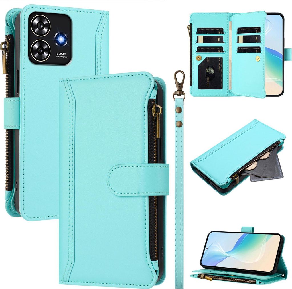 Handyhülle für ZTE Blade A73 4G Reißverschluss Geldbörse Kunstleder Klapphülle mit Kartensteckplatz, Ständer, Handschlaufe Türkis