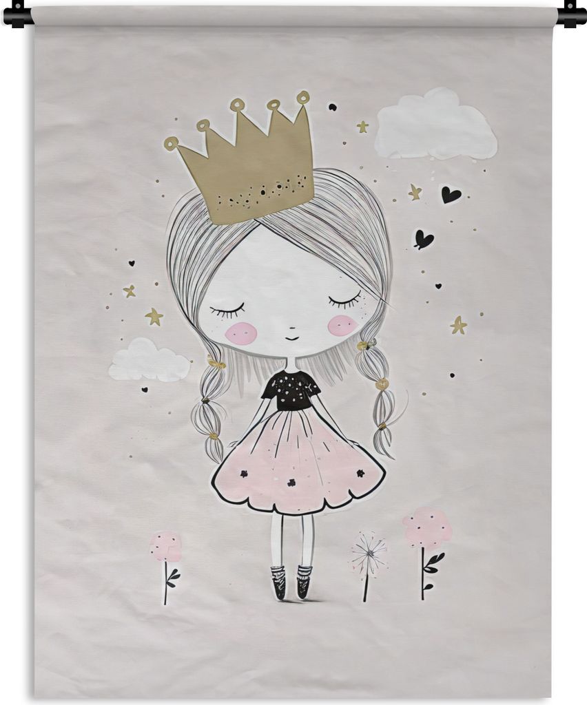 MuchoWow Wandteppich Wandbehang Prinzessin - Blumen - Krone - Mädchen - Sterne 150x200 cm Tapisserie Dekoration Wandtuch - Wandaufhängung - Mod...