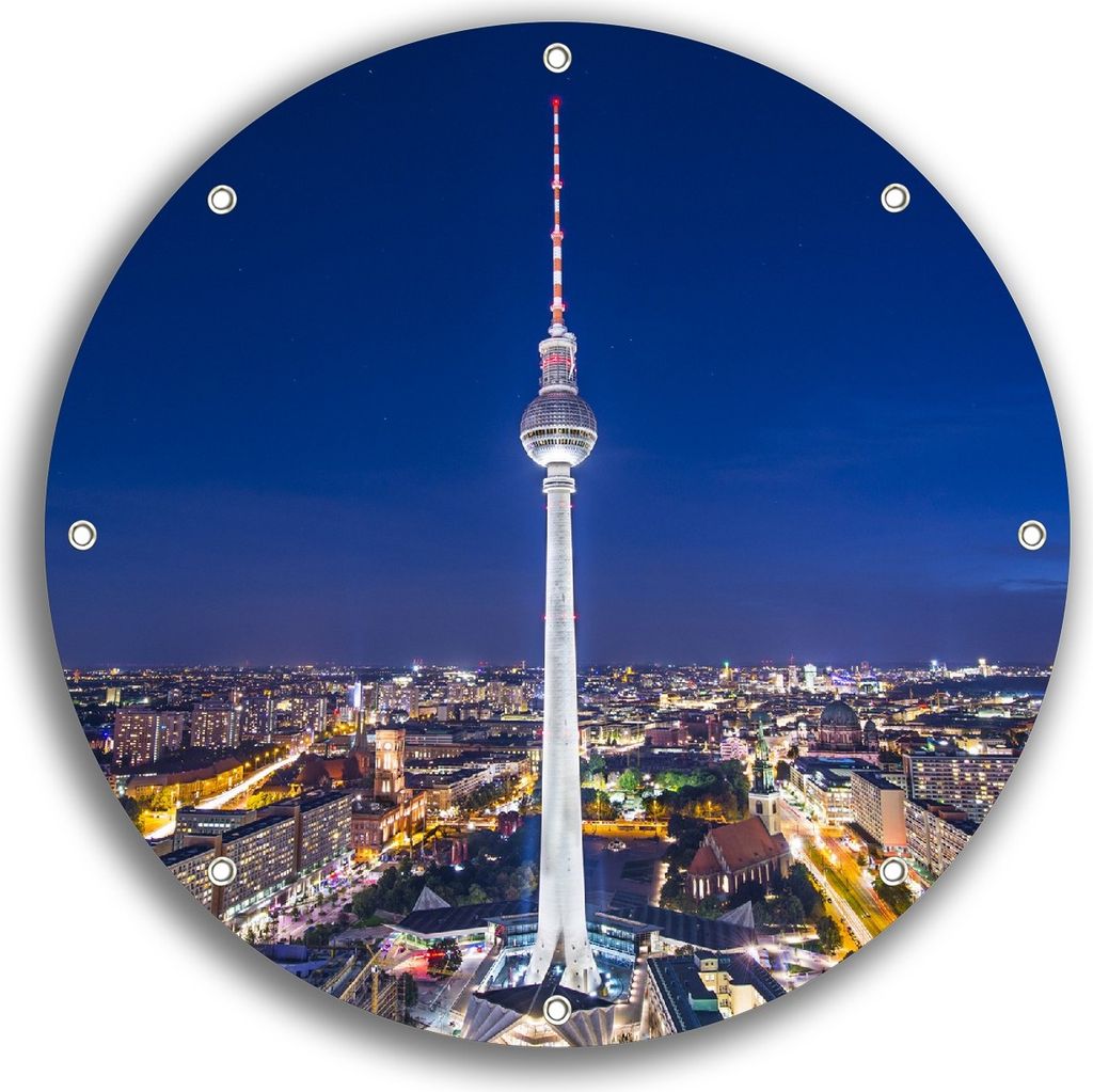 Wallario rundes Outdoor-Poster für Garten oder Balkon, Motiv Fernsehturm Berlin bei Nacht, 30 cm Durchmesser