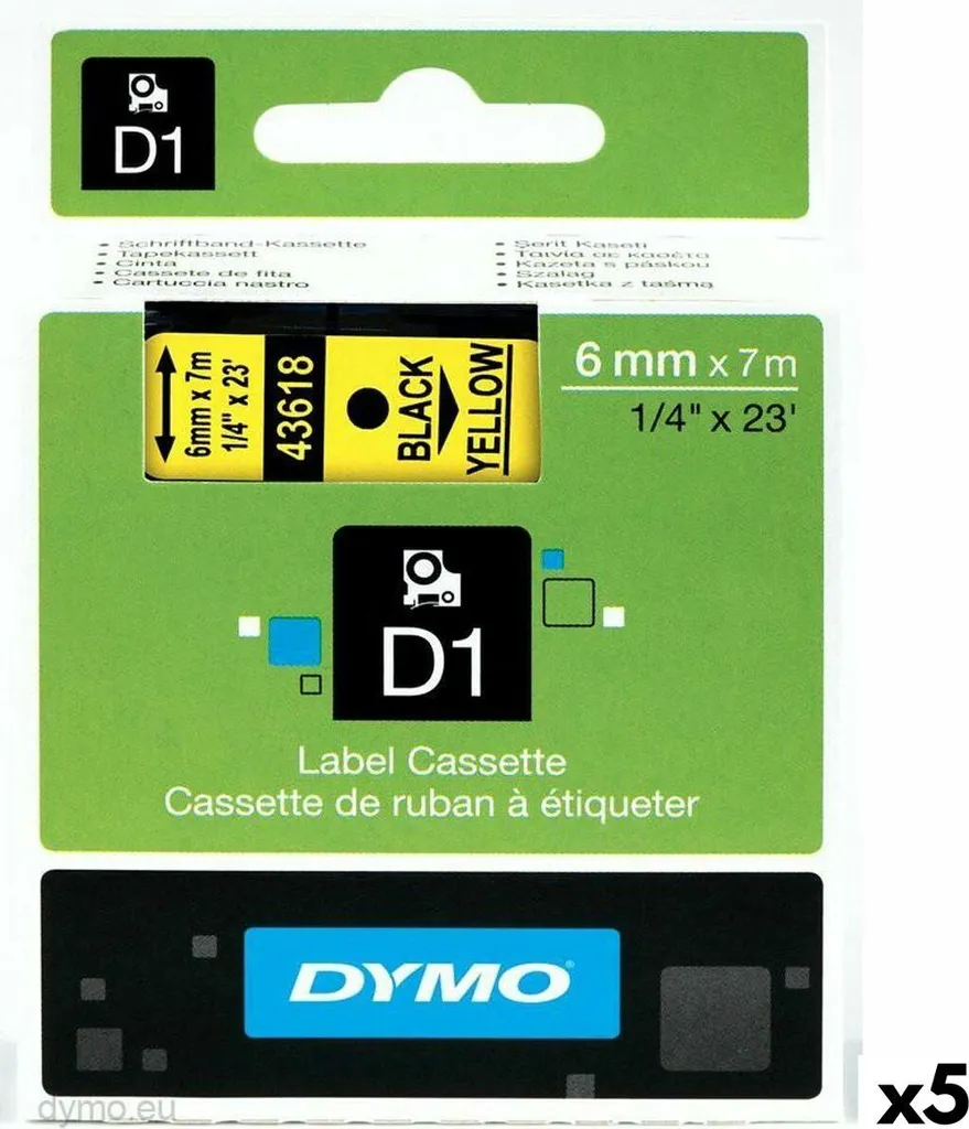 Nastro Dymo D1 Poliestere 6mm Nero/Giallo | Kit 5 Pezzi Convenienza