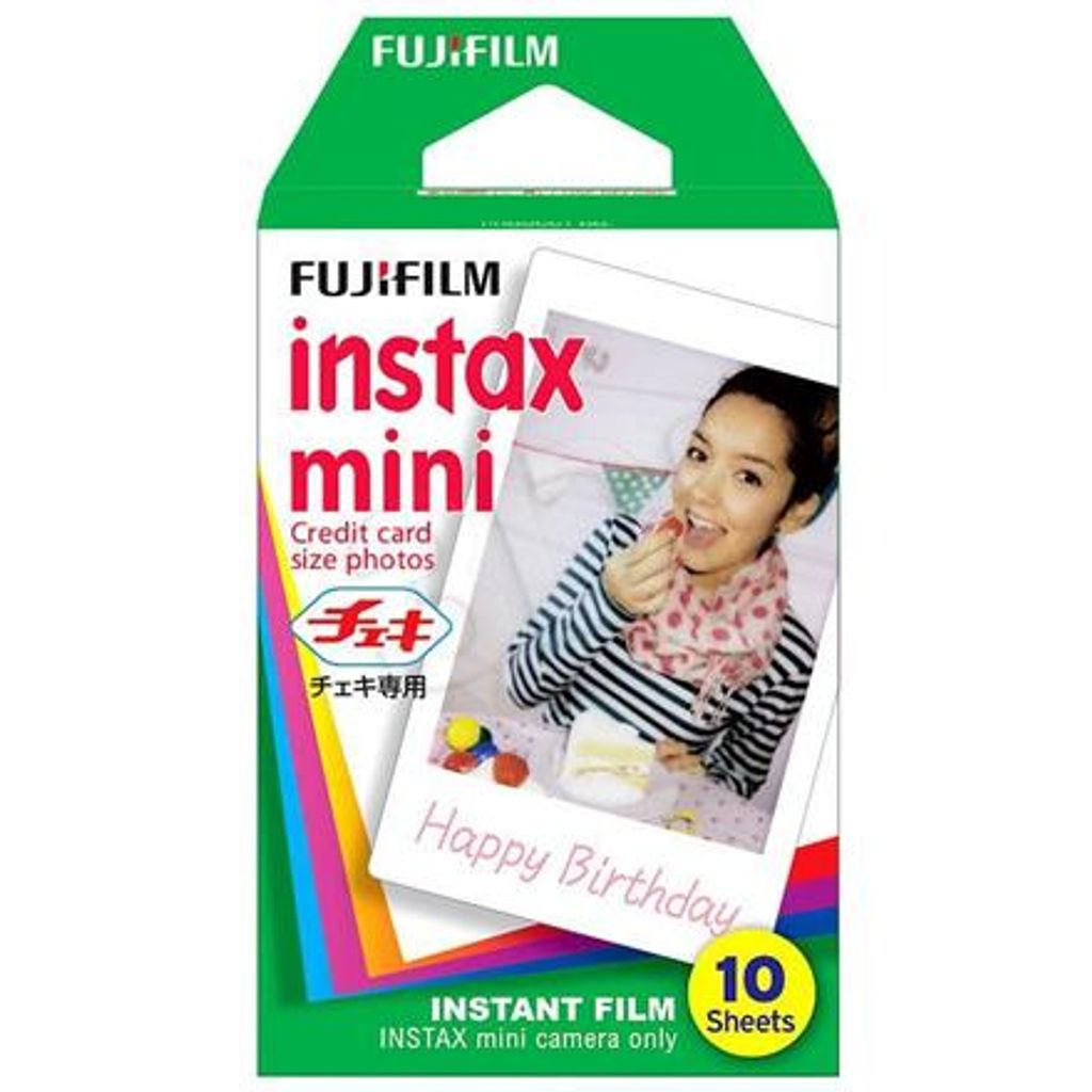 A box of Fujifilm Instax Mini instant film, featuring a sample photo of a woman.