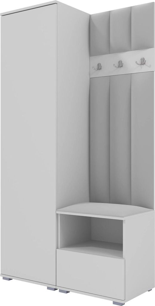 Garderoben-Set Nela I LUX, gepolsterte Garderobe 100 cm mit Sitzbank, Wandpaneelen und Stauraum (Farbe: Weiß + Trinity 32)