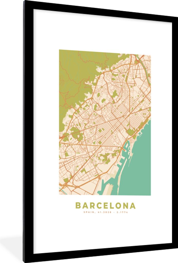 MuchoWow Gerahmtes Poster Karte - Barcelona - Stadtplan - Vintage 60x90 cm - Poster mit Schwarzem Bilderrahmen Wandposter Rahmen Foto Bilder - De...