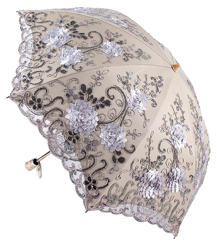 Sonnenschirm, Vintage, Spitze, UV-Sonnenschirm, zweifach faltbar, 3D-Blumen-Stickerei, grau