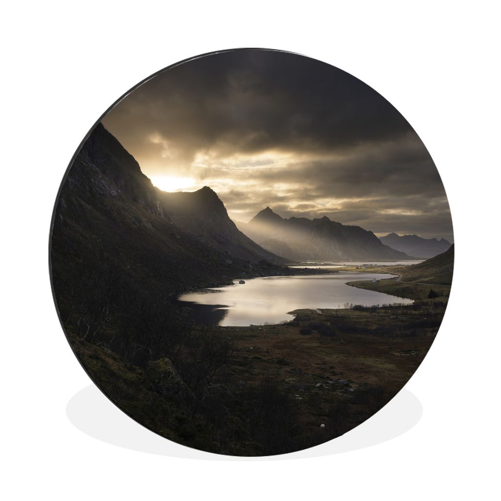 MuchoWow Aluminium Wandkreis Lichtstrahlen an den Bergen auf den Lofoten Ø 30 cm Wanddeko Modern Wohnzimmer - Wand Bild - Wohnzimmer - Runde Bil...
