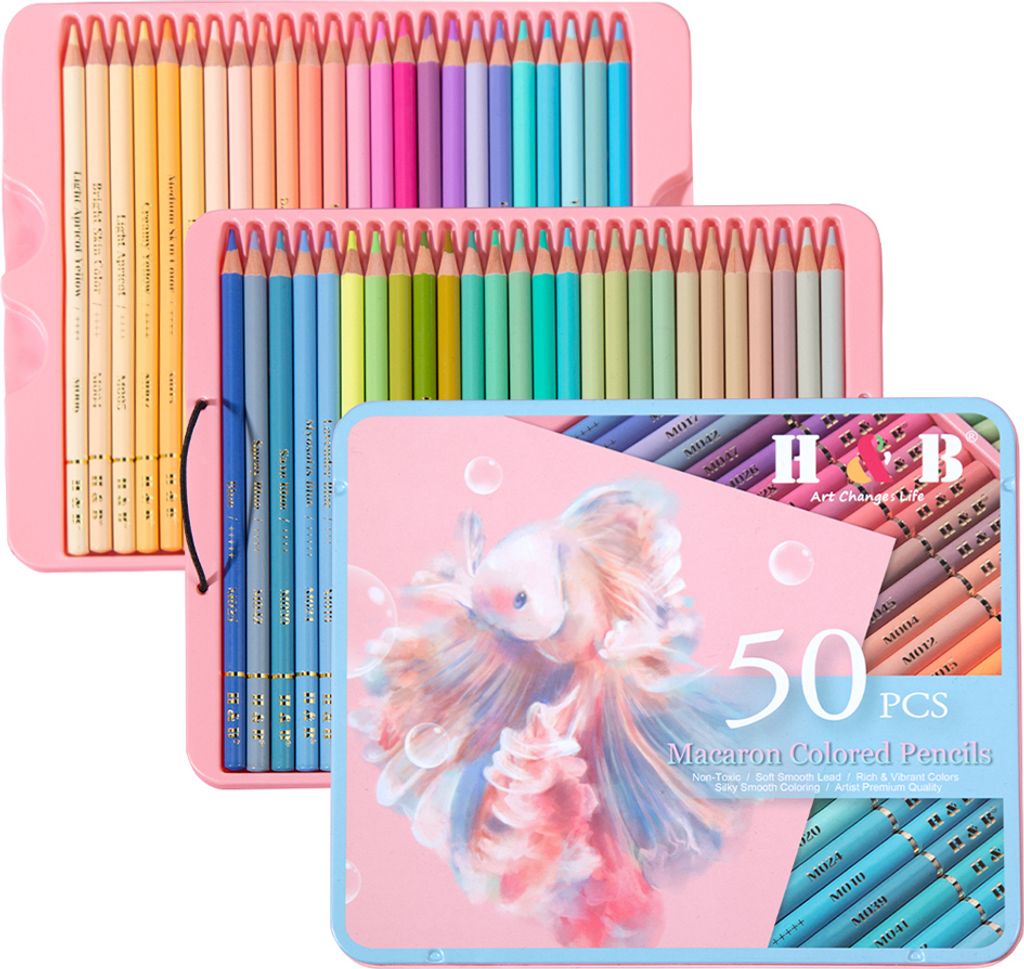 H&B 50 Macaron-Buntstifte, vorgespitzt, Farbskizzenstifte, Kuenstlerbedarf, kraeftiger 3,3-mm-Kern mit einem Eisen-Aufbewahrungsetui fuer Studenten...