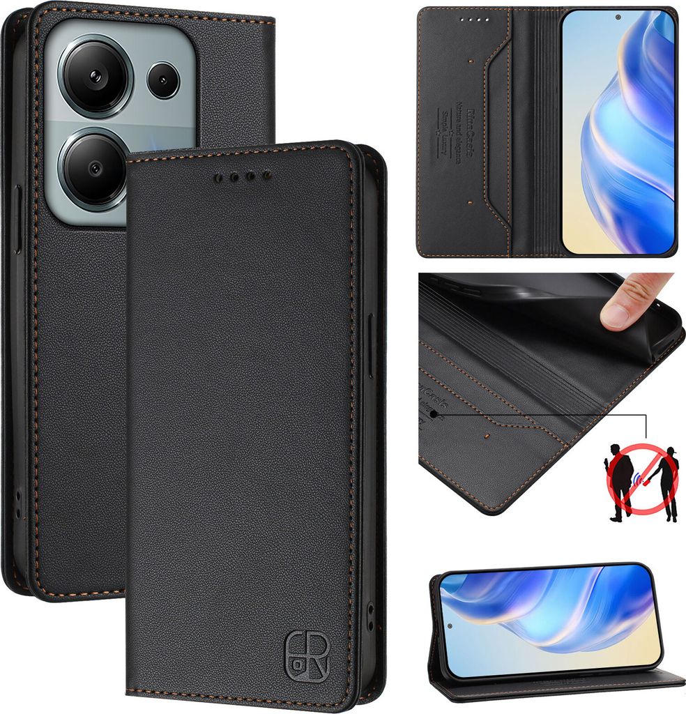 Lederhülle für Xiaomi Poco M6 Pro 4G/Redmi Note 13 Pro 4G Hülle Flip Brieftasche Kartenfächern Ständer Schutzhülle Schwarz