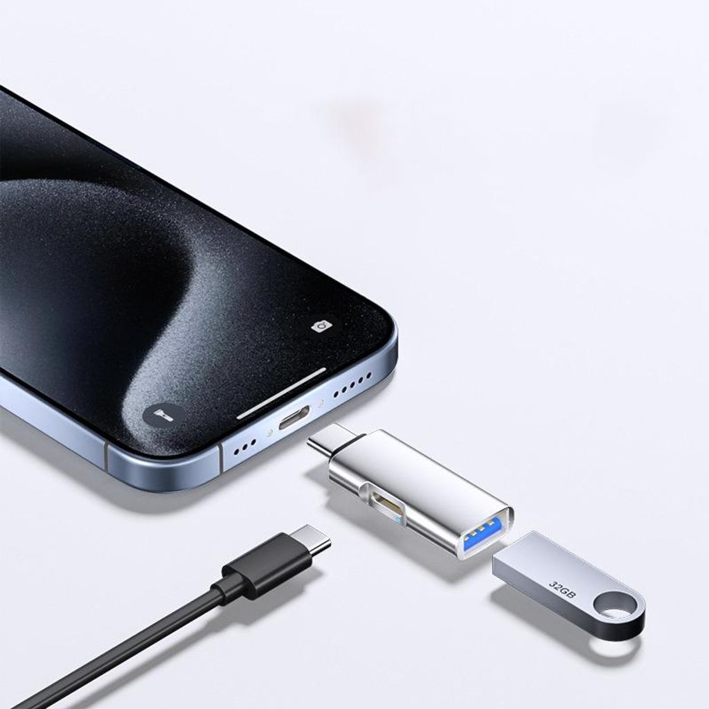 INF TYPE-C auf USB 3.0 + TC-Lade-OTG-Adapter, ovales Design – Hochgeschwindigkeitsdatenübertragung und PD-Schnellladung Silber