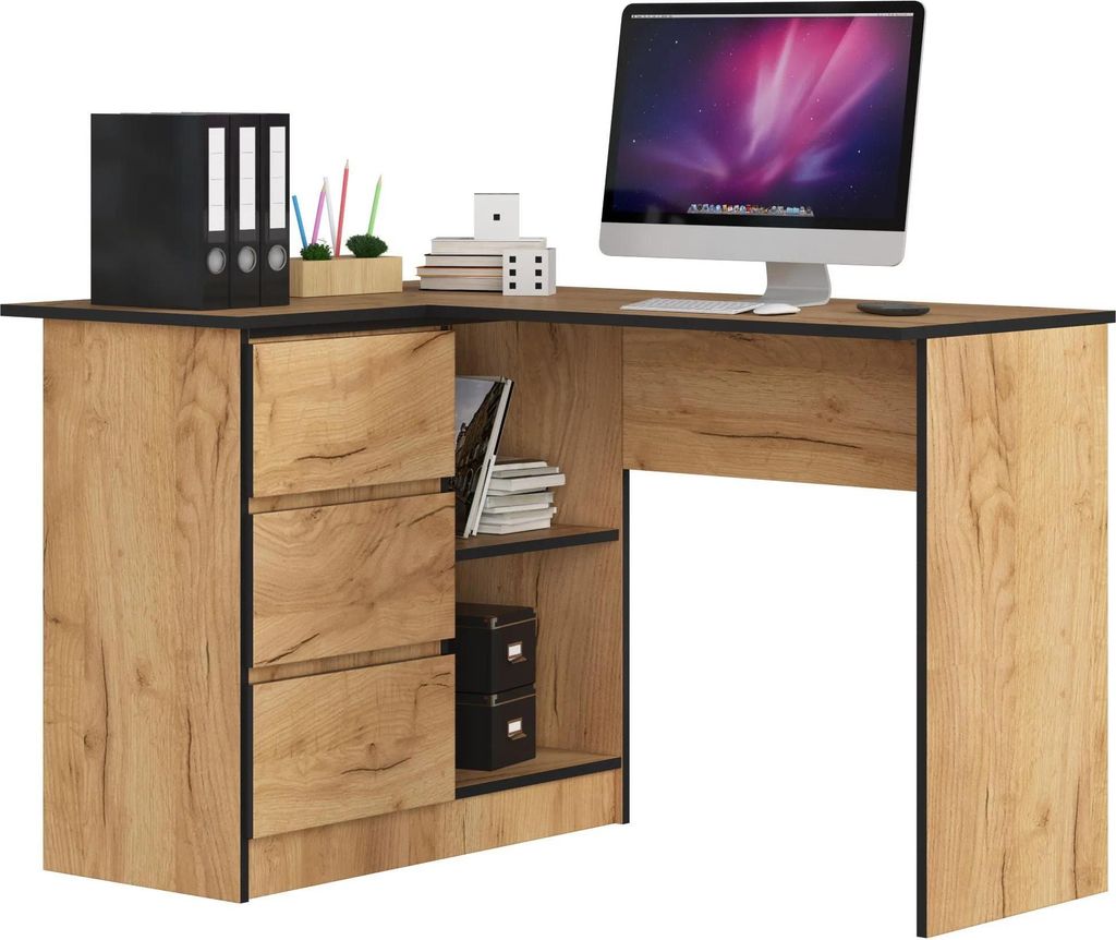 Eckschreibtisch 124 cm Links mit 3 Schubladen in Eiche