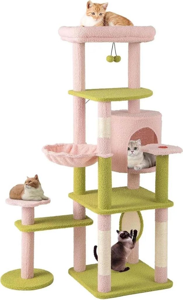 Katzen-Kratzbaum - Kletterbaum - 148 cm Höhe - Blumen-Design - 5+ Ebenen - Katzenhöhle - Hängematte - Sisalstämme & Kratzbrett - Rosa