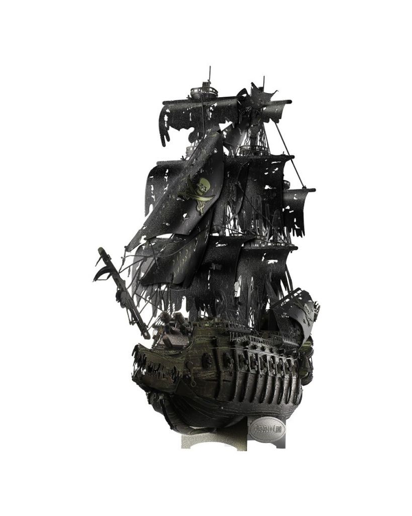 A 3D model of a black pirate ship with tattered sails, displayed on a stand.