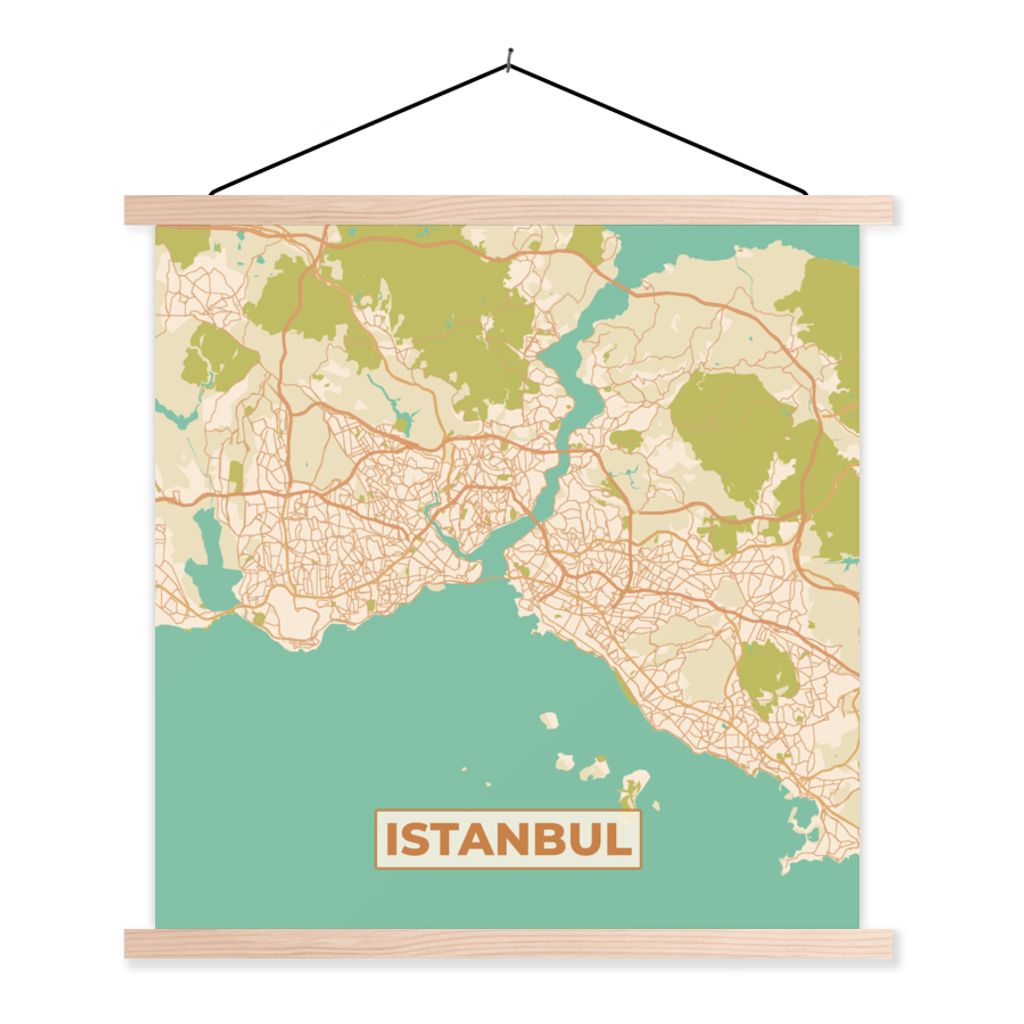 MuchoWow Textilposter Karte - Istanbul - Stadtplan - Vintage 120x120 cm mit holzfarbenen Rahmen - Textil-Poster