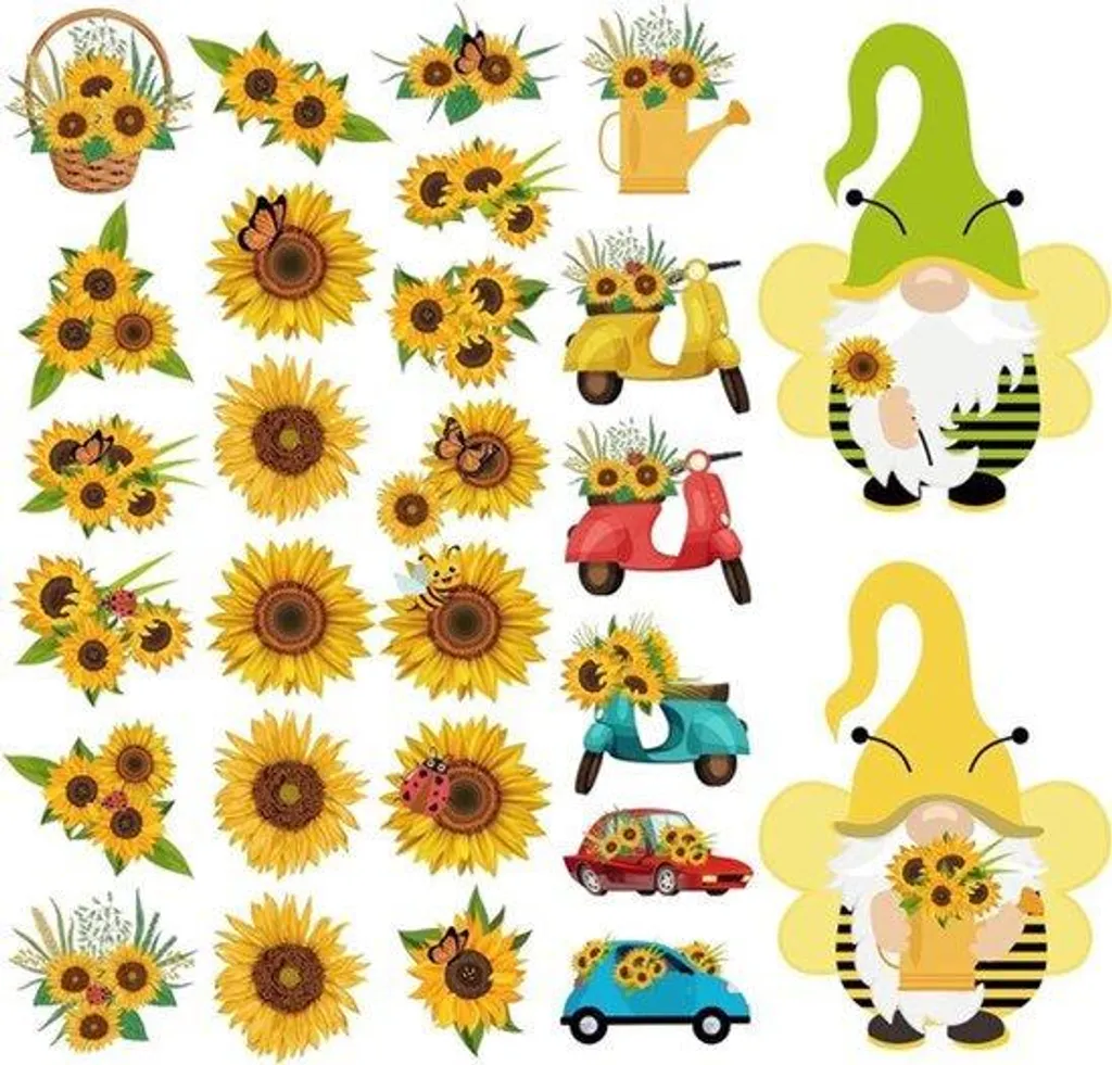 Magnets de voiture imperméables tournesol et nains de jardin - Set de 27 pièces