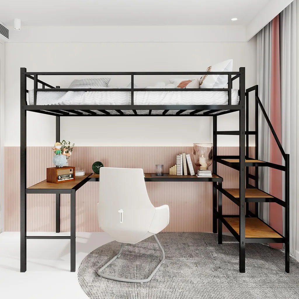 Lit surélevé stable et silencieux avec bureau d'angle intégré
