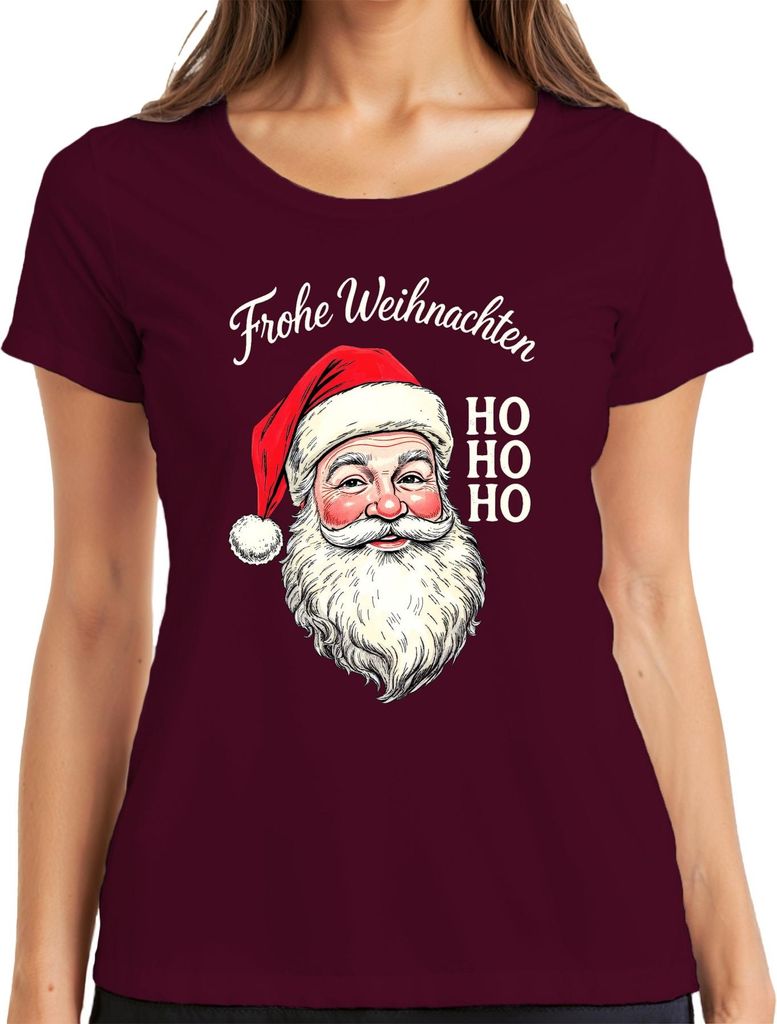 Frohe Weihnachten Weihnachtsmann HO HO HO Retro Nikolaus Geschenk Damen T-Shirt, Burgundy, XL