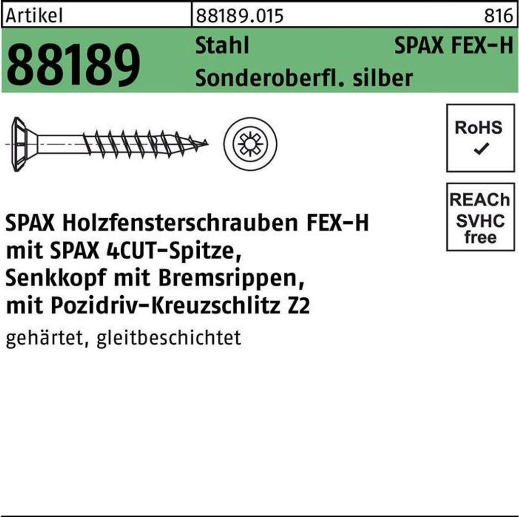 SPAX-FEX H Beschlagschraube 4.0x 35 PZ 2 Stahl silber für Holzbefestigungen