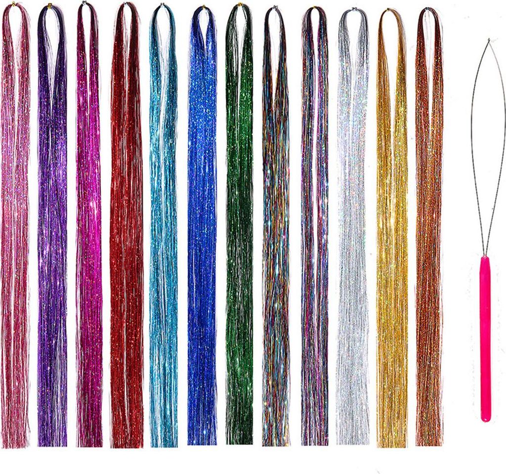 Glitzernde Haarverlängerungen (90 cm), Haaraccessoires, Feenhaar-Glitzer-Set mit Werkzeug, Glitzerhaar für Frauen, Mädchen und Kinder, funkelnde...