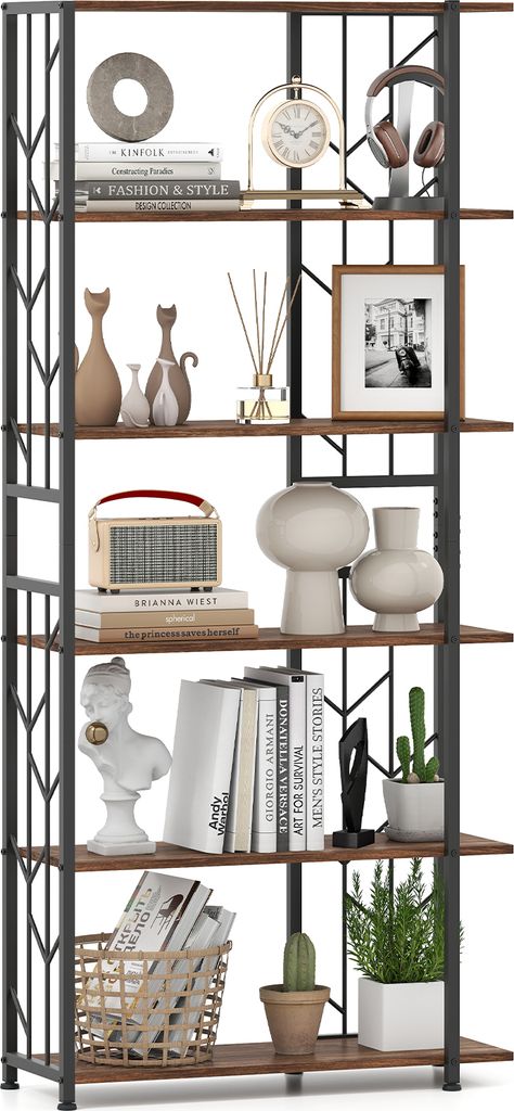 COSTWAY 6-stöckiges Regal modernes geometrisches Bücherregal mit schwerem Metallrahmen freistehendes Displayregal mit 2 Kippschutzkits Rustikal B...