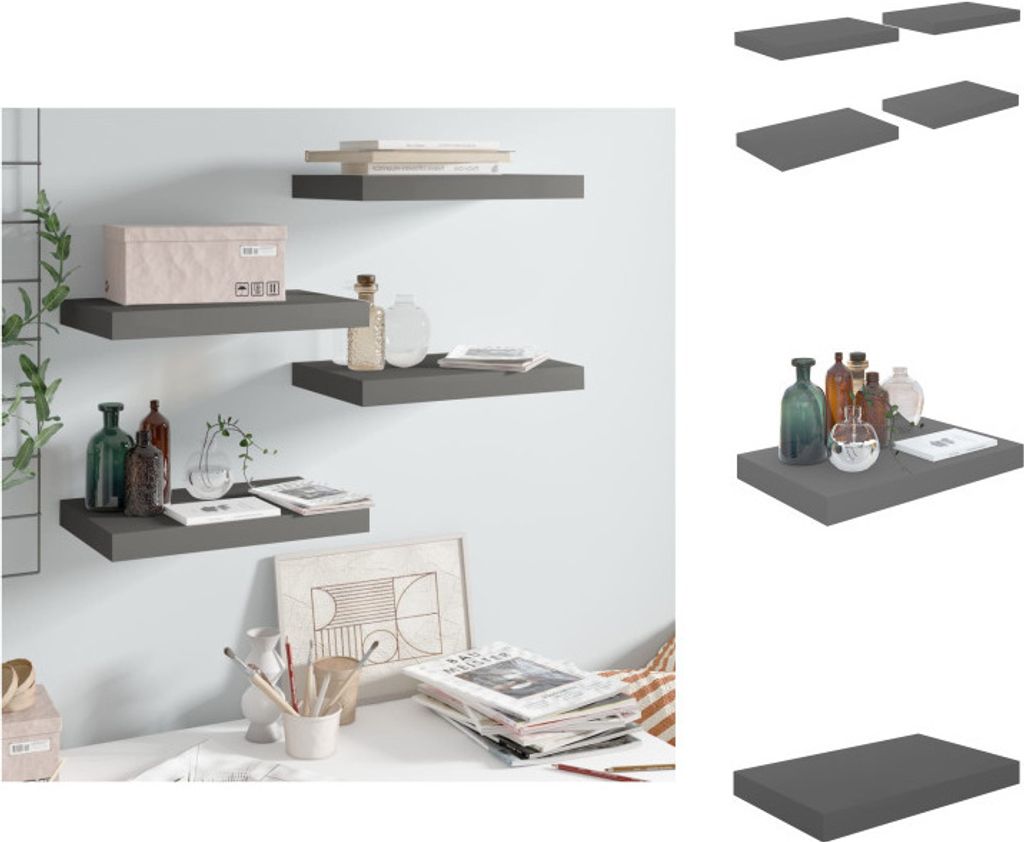 vidaXL Schweberegale 4 Stk. Hochglanz-Grau 40x23x3,8 cm MDF - Wandregale