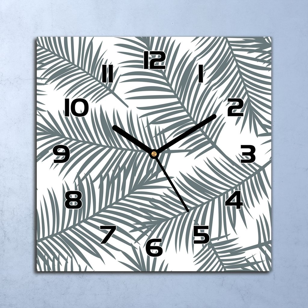 Wanduhr Echt-Glas-Küchenuhr Graue Palmblätter Quarz Lautlos 30x30 Deko Bilder