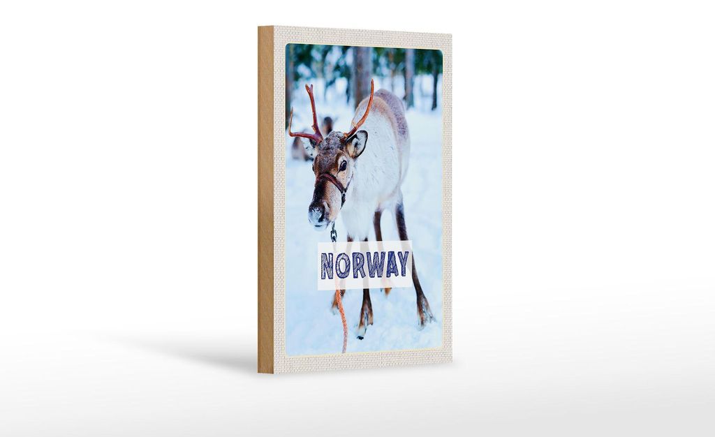 Holzschild Reise 12x18 cm Norwegen Hirsch Winterzeit Schnee