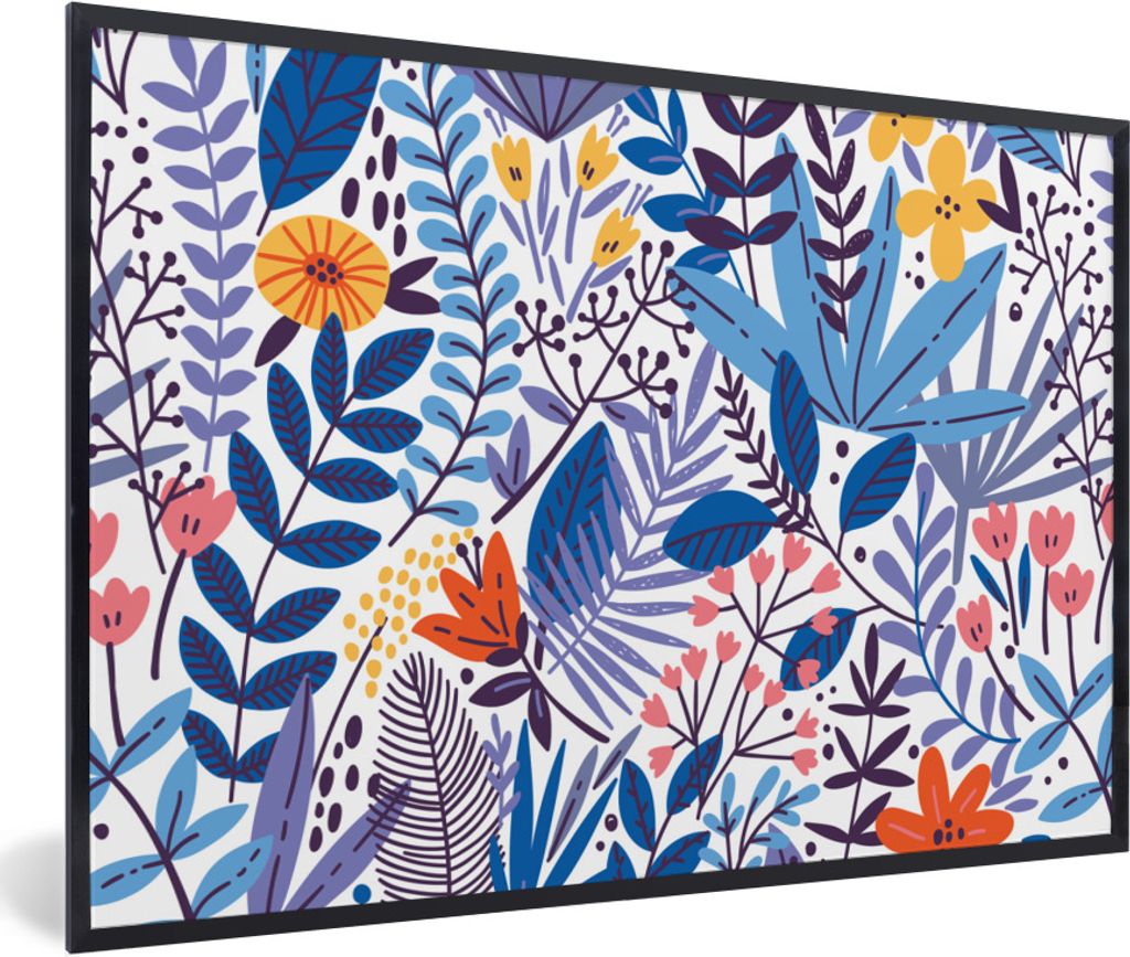 MuchoWow Gerahmtes Poster Sommer - Blätter - Pflanzen - Muster 60x40 cm - Poster mit Schwarzem Bilderrahmen Wandposter Rahmen Foto Bilder - Prin...