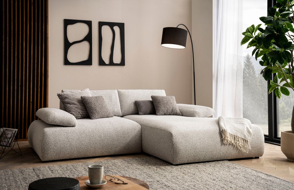 DOMO Collection Ecksofa 800 016, kleines Modulsofa in L-Form Armlehnfunktion, Staufach, Federkern, 244 x 188 x 80 cm (BxTxH), beige-schwarz