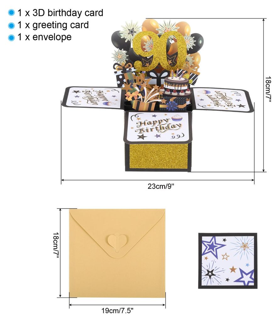 Geburtstagskarte zum 90. Geburtstag Pop-Out Gru?karten Happy Birthday 3D Gru?karte und Umschlag fš¹r Frauen Mš¹tter M?nner Freundin Geschenk-Ka...