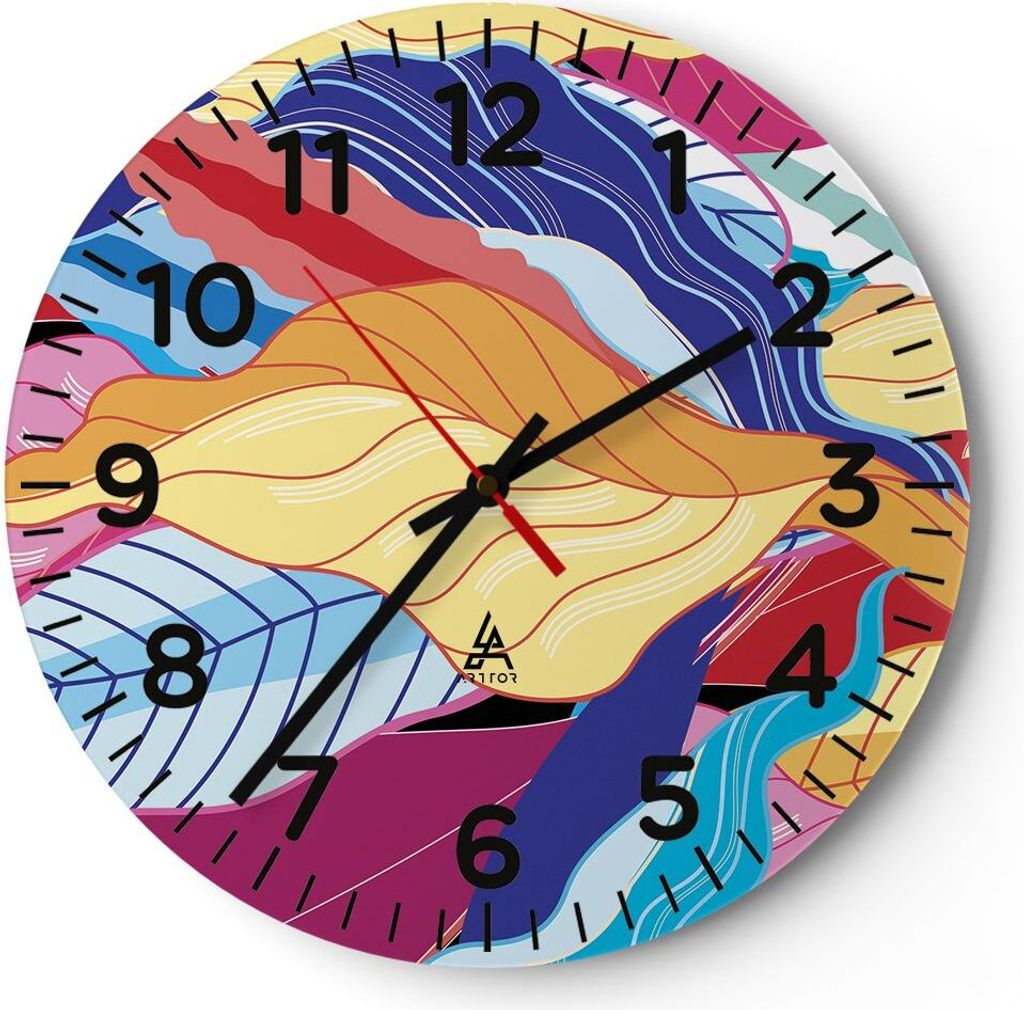 Wanduhr - Rund - Glasuhr - Muster Blätter bunt - 40x40cm - Schleichendes Uhrwerk - Lautlos - zum Aufhängen bereit - Dekoration Modern - Wanddekor...