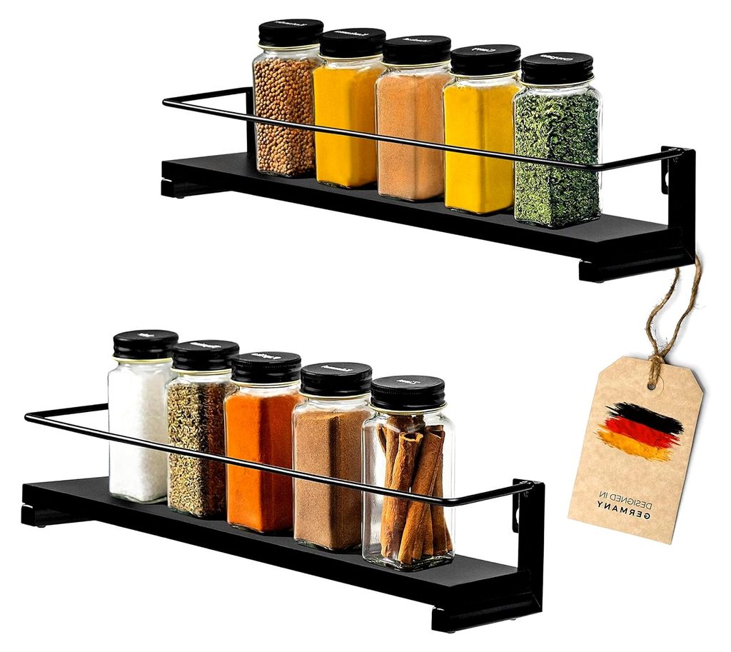 Gewürzregal Schwarz 2er Set für Gewürzgläser | Küchen Organizer zur Gewürzaufbewahrung 40x9cm