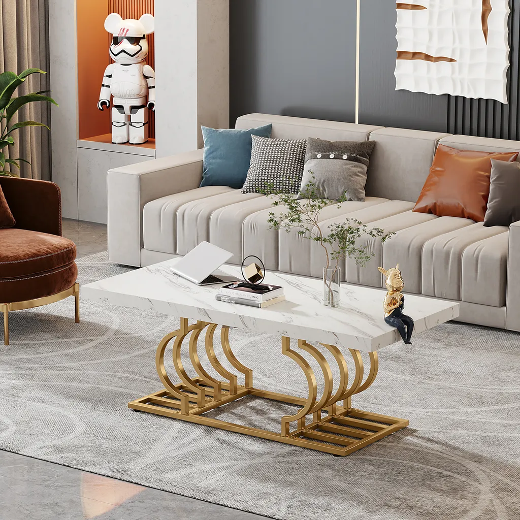 Table Basse Robuste Style Marbre Blanc Facile à Nettoyer Pieds Dorés